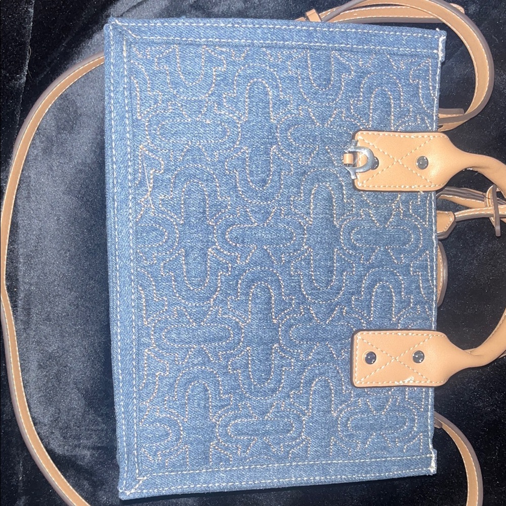 True Religion Denim Tote with Tan Handles
